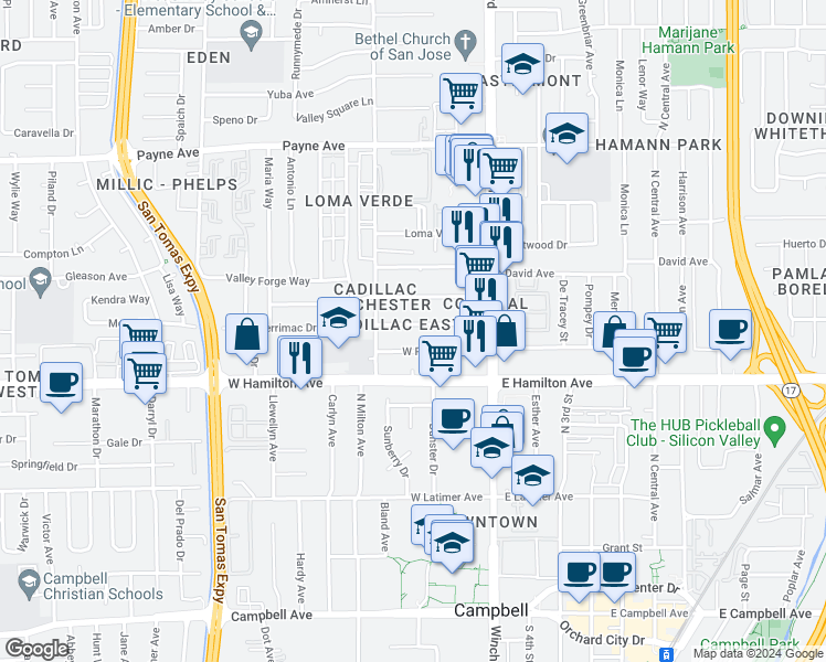 map of restaurants, bars, coffee shops, grocery stores, and more near 3206 Impala Drive in San Jose