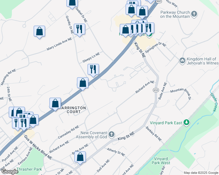 map of restaurants, bars, coffee shops, grocery stores, and more near 3001 Hickory Woods Drive Northeast in Roanoke