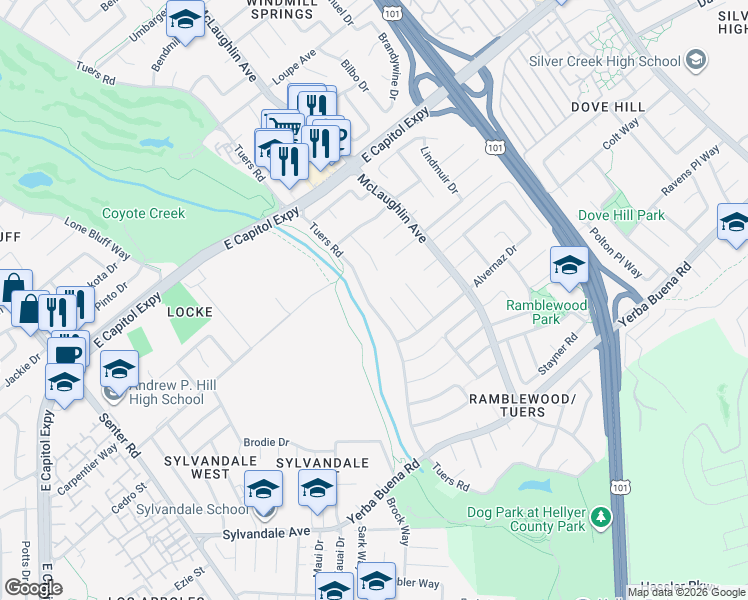 map of restaurants, bars, coffee shops, grocery stores, and more near 3601 Emanuel Court in San Jose