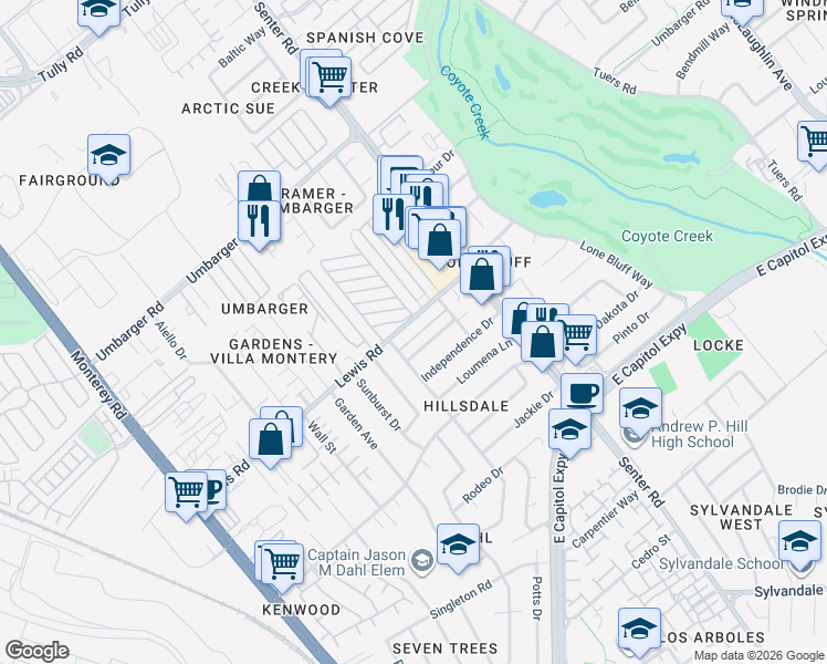map of restaurants, bars, coffee shops, grocery stores, and more near 485 New Street in San Jose