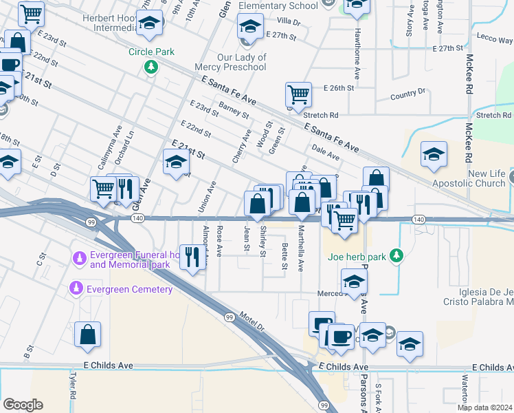 map of restaurants, bars, coffee shops, grocery stores, and more near 1402 East 20th Street in Merced