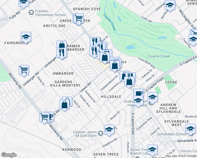 map of restaurants, bars, coffee shops, grocery stores, and more near 450 Lewis Road in San Jose