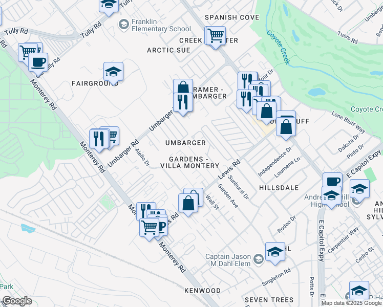 map of restaurants, bars, coffee shops, grocery stores, and more near 2813a Garden Avenue in San Jose
