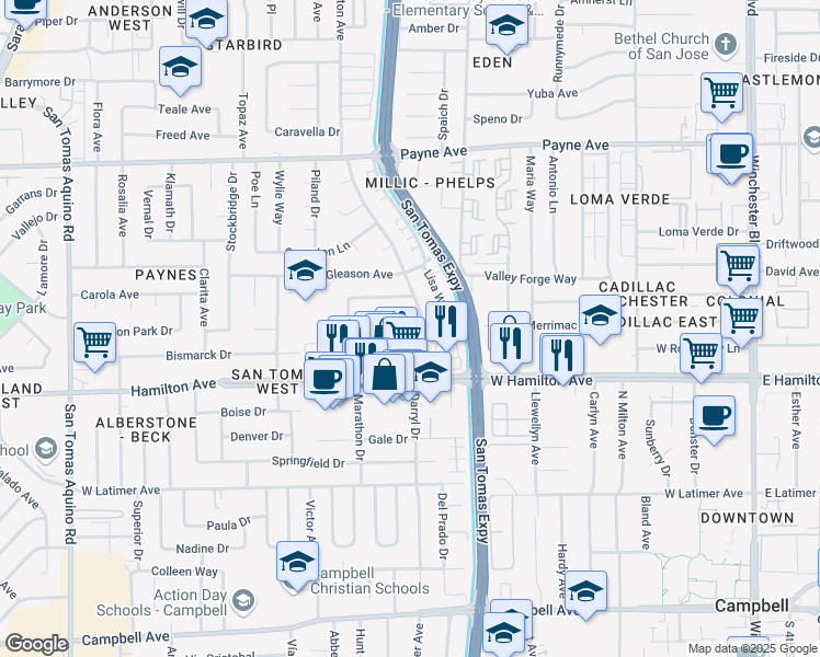map of restaurants, bars, coffee shops, grocery stores, and more near 3610 Mona Way in San Jose