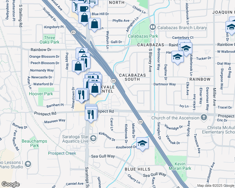 map of restaurants, bars, coffee shops, grocery stores, and more near 1583 Brookvale Drive in San Jose