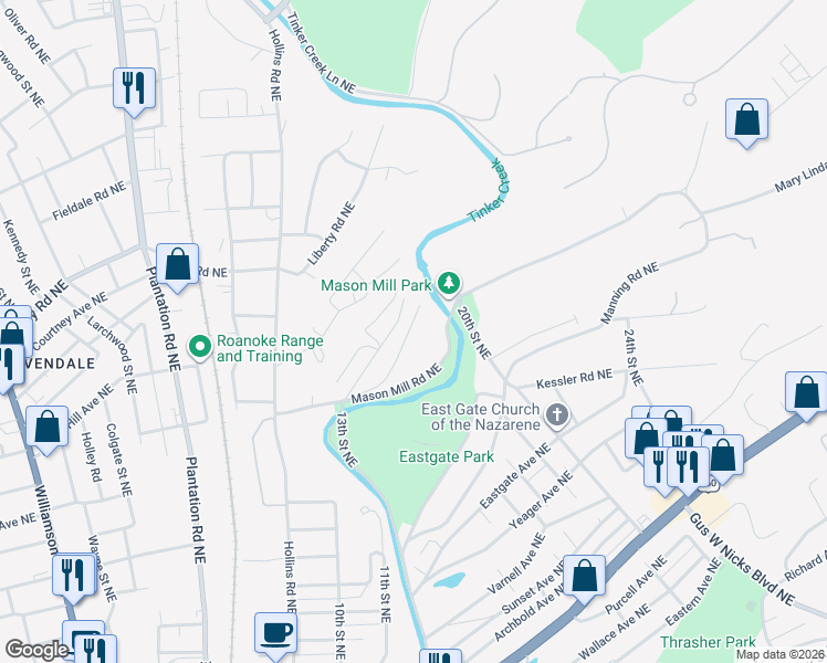 map of restaurants, bars, coffee shops, grocery stores, and more near 2405 Overlook Road Northeast in Roanoke