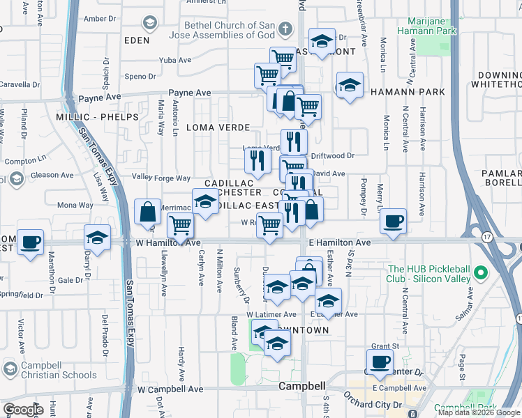 map of restaurants, bars, coffee shops, grocery stores, and more near 3206 Impala Drive in San Jose