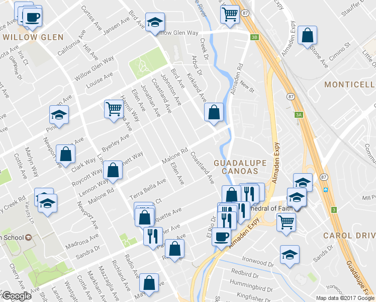 map of restaurants, bars, coffee shops, grocery stores, and more near 2051 Coastland Avenue in San Jose