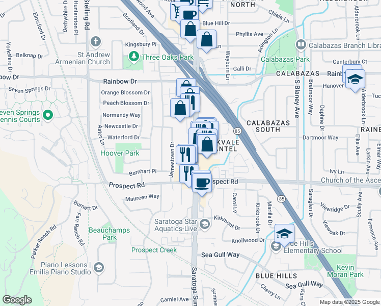 map of restaurants, bars, coffee shops, grocery stores, and more near 1581 South De Anza Boulevard in Cupertino