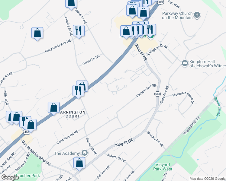 map of restaurants, bars, coffee shops, grocery stores, and more near 3006 Hickory Woods Drive Northeast in Roanoke