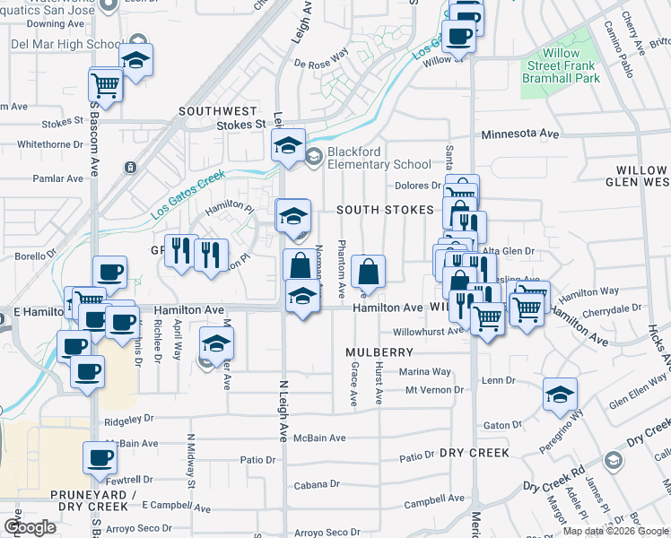 map of restaurants, bars, coffee shops, grocery stores, and more near 1575 Phantom Avenue in San Jose