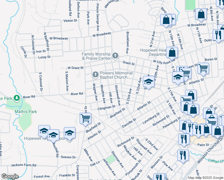 map of restaurants, bars, coffee shops, grocery stores, and more near 2607 Gordon Street in Hopewell