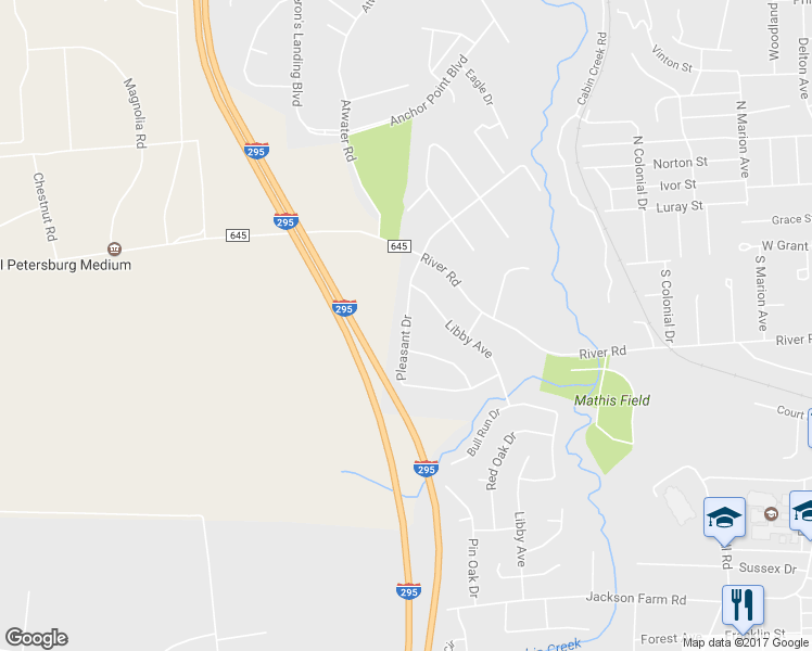 map of restaurants, bars, coffee shops, grocery stores, and more near 215 Pleasant Drive in Hopewell