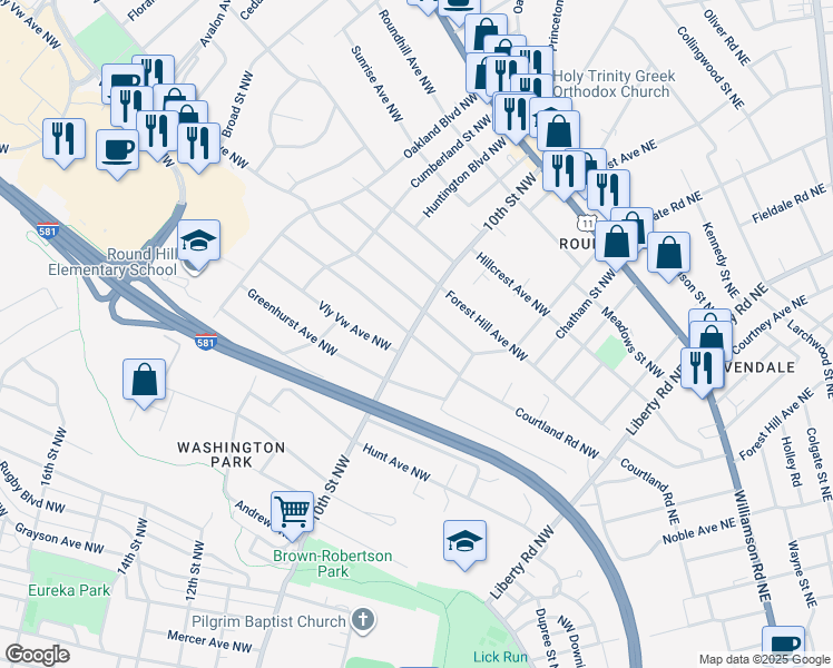 map of restaurants, bars, coffee shops, grocery stores, and more near 2303 10th Street Northwest in Roanoke