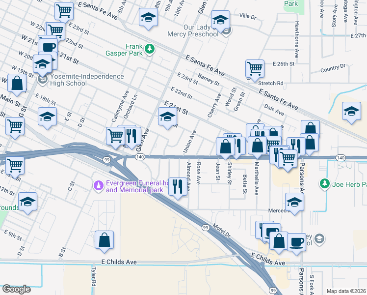 map of restaurants, bars, coffee shops, grocery stores, and more near in Merced