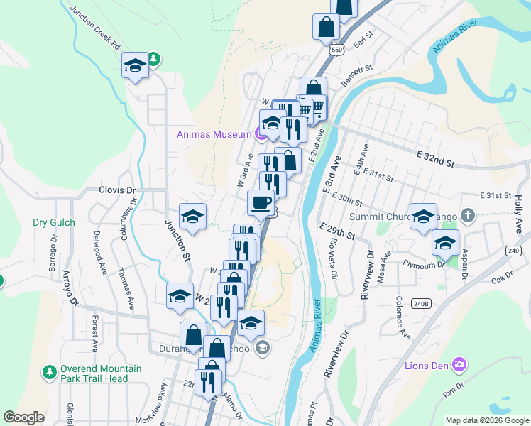 map of restaurants, bars, coffee shops, grocery stores, and more near 145-151 East 29th Street in Durango