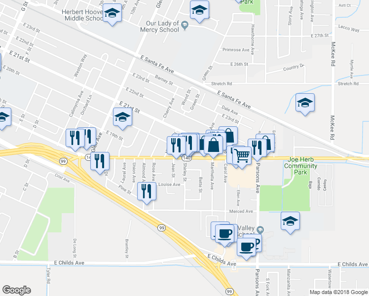 map of restaurants, bars, coffee shops, grocery stores, and more near 1416 East 20th Street in Merced