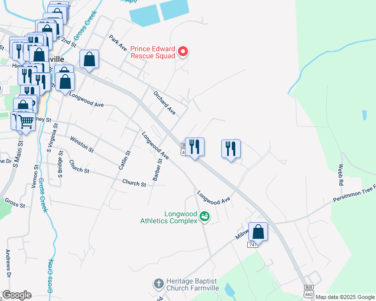 map of restaurants, bars, coffee shops, grocery stores, and more near 209 Hylawn Avenue in Farmville