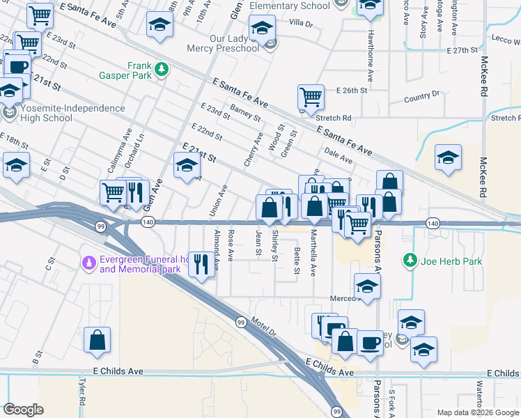 map of restaurants, bars, coffee shops, grocery stores, and more near 1320 East 20th Street in Merced