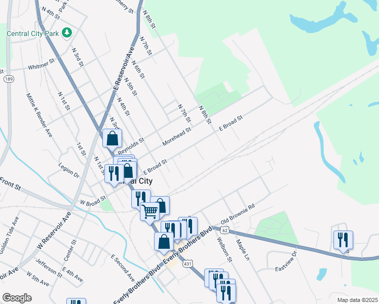 map of restaurants, bars, coffee shops, grocery stores, and more near 516 East Broad Street in Central City