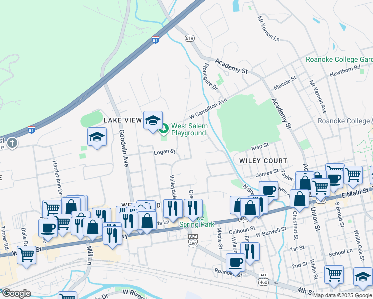 map of restaurants, bars, coffee shops, grocery stores, and more near 423 Highfield Road in Salem