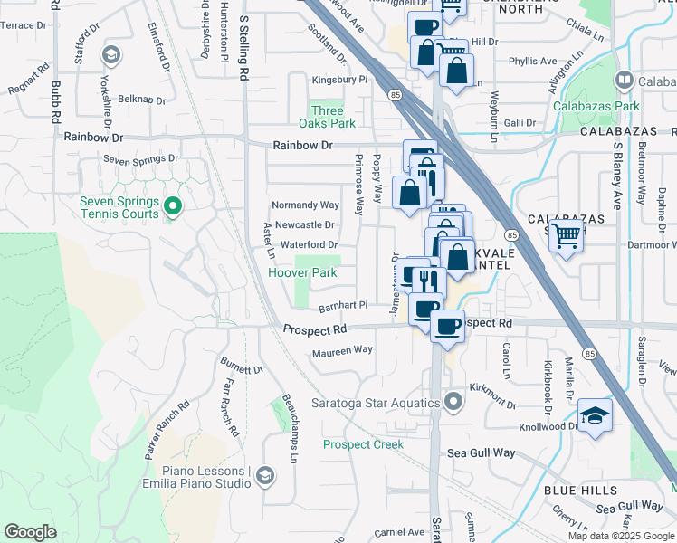 map of restaurants, bars, coffee shops, grocery stores, and more near 7524 Leeds Avenue in Cupertino