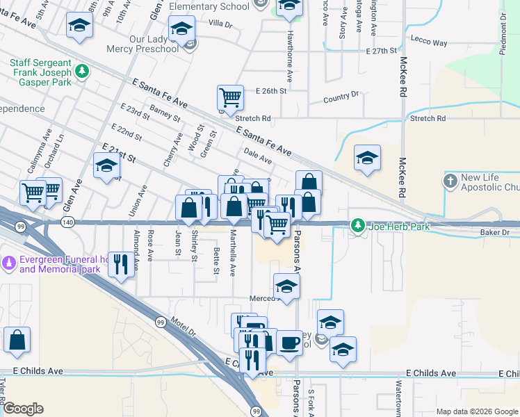 map of restaurants, bars, coffee shops, grocery stores, and more near 1785 East 21st Street in Merced