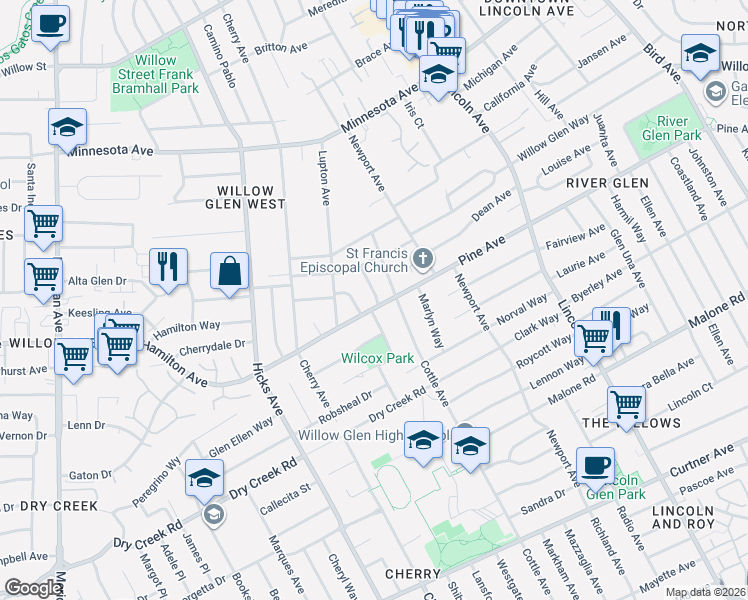map of restaurants, bars, coffee shops, grocery stores, and more near 1660 Dale Avenue in San Jose