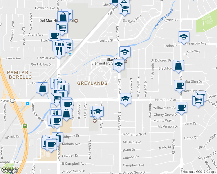 map of restaurants, bars, coffee shops, grocery stores, and more near 1657 Braddock Court in San Jose