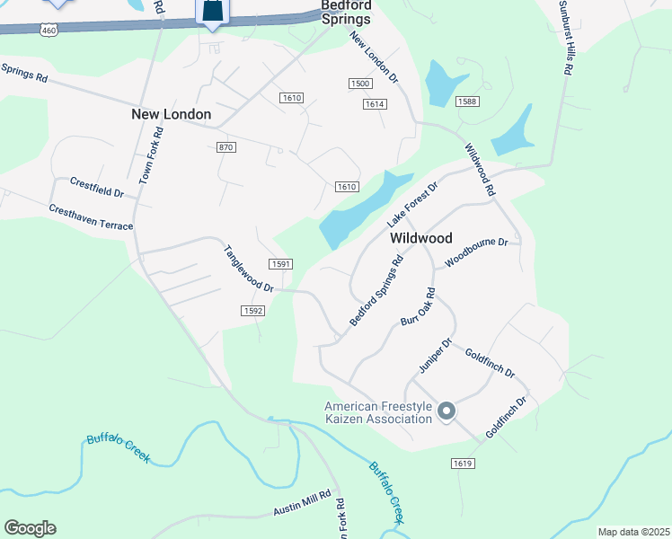 map of restaurants, bars, coffee shops, grocery stores, and more near County Road 1586 in Campbell County