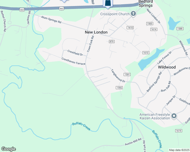 map of restaurants, bars, coffee shops, grocery stores, and more near 19 Holly Ridge Court in Evington