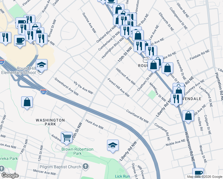 map of restaurants, bars, coffee shops, grocery stores, and more near 3213 Greenland Avenue Northwest in Roanoke