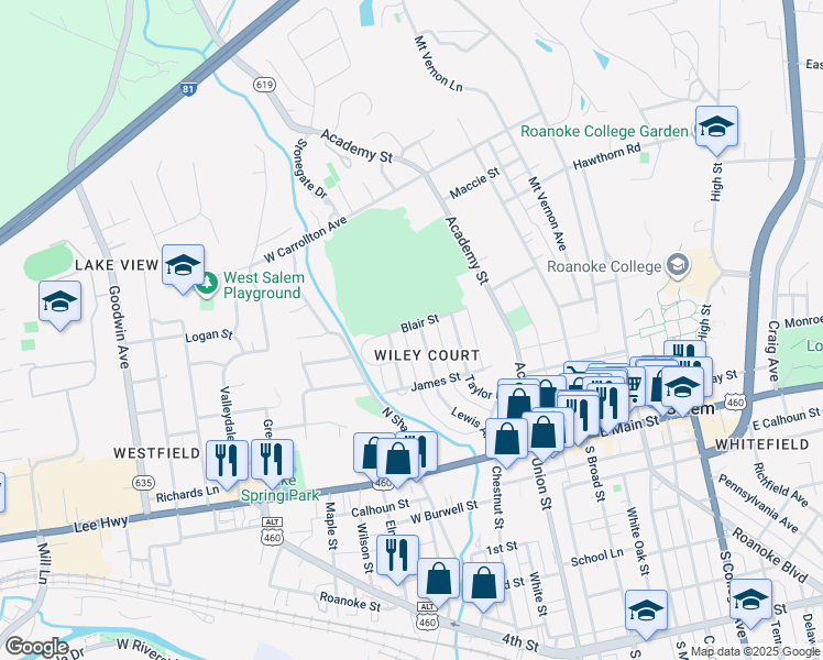map of restaurants, bars, coffee shops, grocery stores, and more near 300-350 Blair Street in Salem