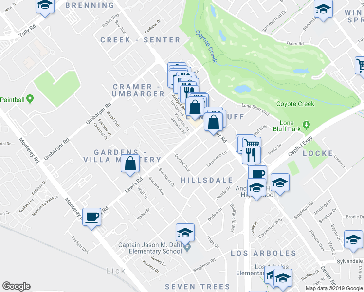 map of restaurants, bars, coffee shops, grocery stores, and more near 450 Lewis Road in San Jose