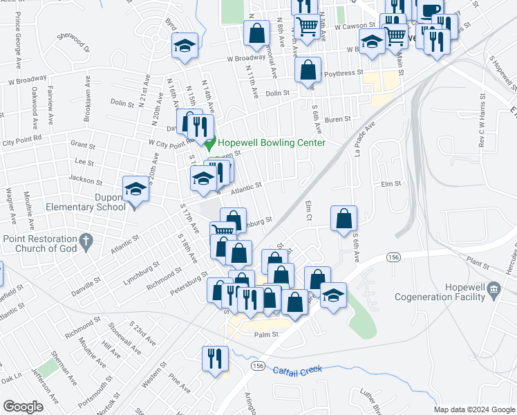 map of restaurants, bars, coffee shops, grocery stores, and more near 325 South 13th Avenue in Hopewell