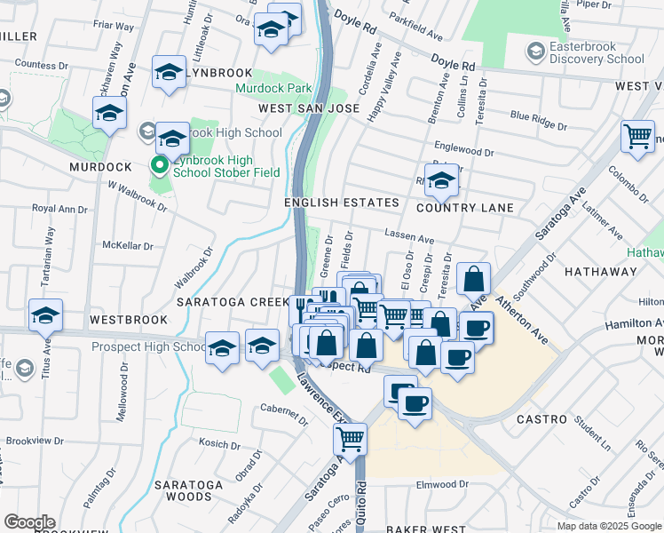 map of restaurants, bars, coffee shops, grocery stores, and more near 1510 Greene Drive in San Jose