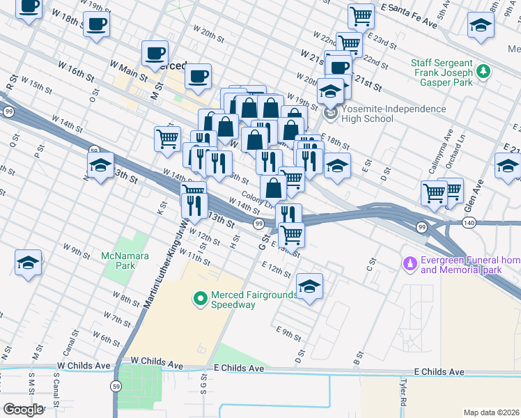 map of restaurants, bars, coffee shops, grocery stores, and more near 64 Colony Lane in Merced