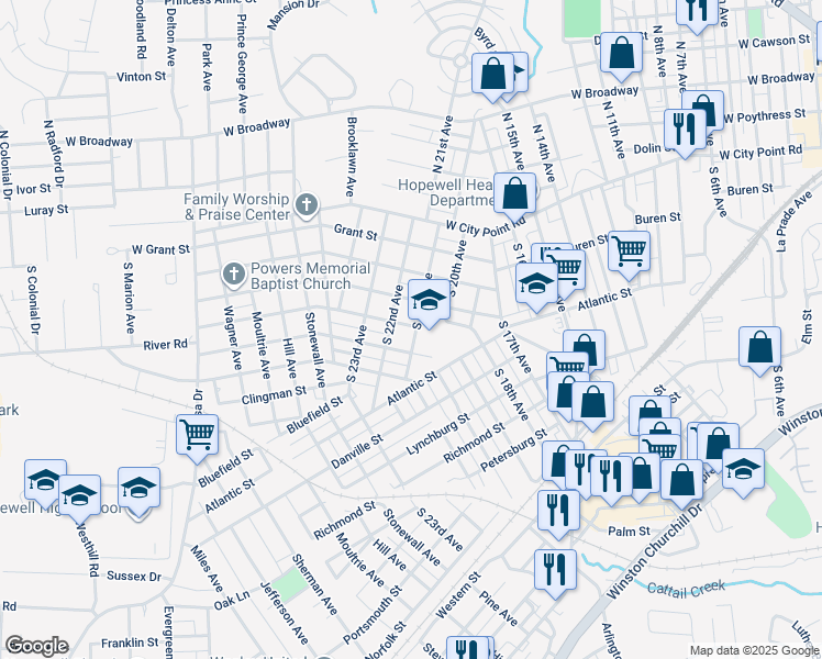 map of restaurants, bars, coffee shops, grocery stores, and more near 2100 Johnson Street in Hopewell