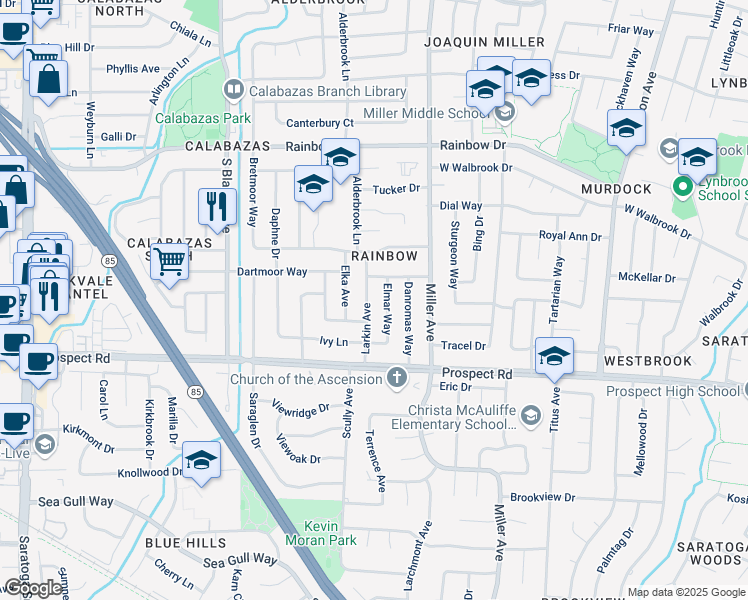 map of restaurants, bars, coffee shops, grocery stores, and more near 1564 Larkin Avenue in San Jose
