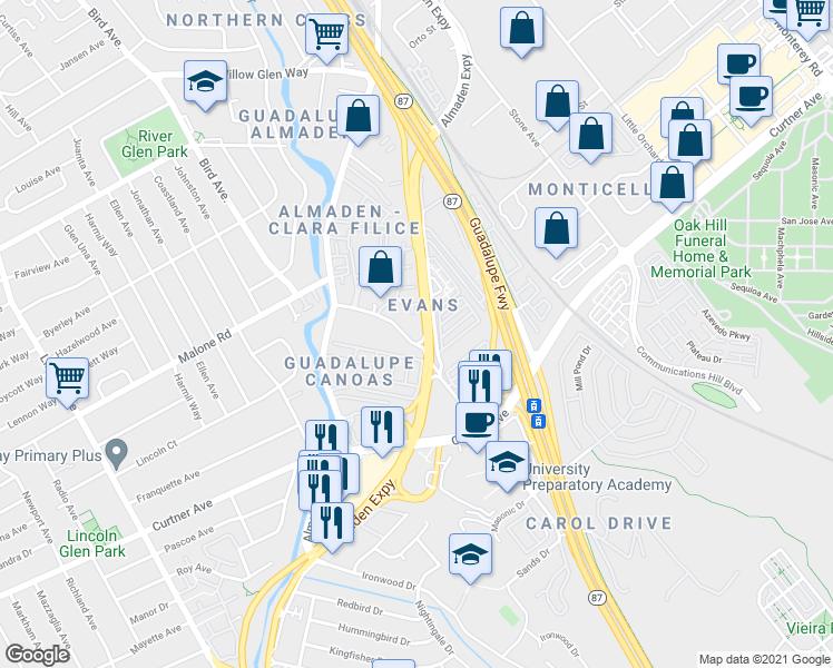 map of restaurants, bars, coffee shops, grocery stores, and more near 2180 Canoas Garden Avenue in San Jose
