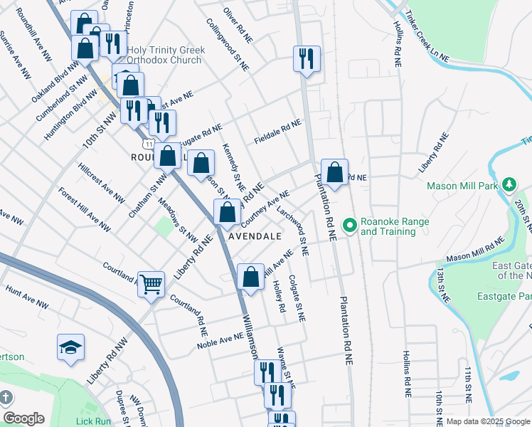 map of restaurants, bars, coffee shops, grocery stores, and more near 203 Courtney Ave NE in Roanoke
