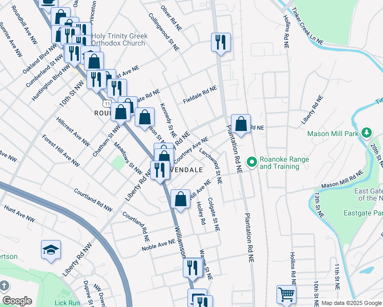 map of restaurants, bars, coffee shops, grocery stores, and more near 203 Courtney Ave NE in Roanoke