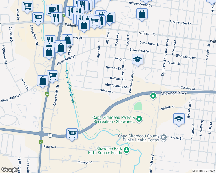 map of restaurants, bars, coffee shops, grocery stores, and more near 1913 Montgomery Street in Cape Girardeau