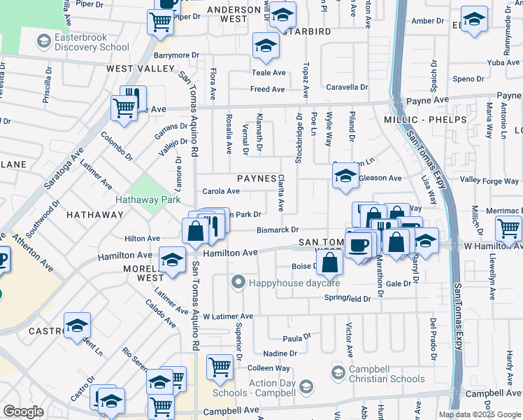 map of restaurants, bars, coffee shops, grocery stores, and more near 3965 Hamilton Park Drive in San Jose