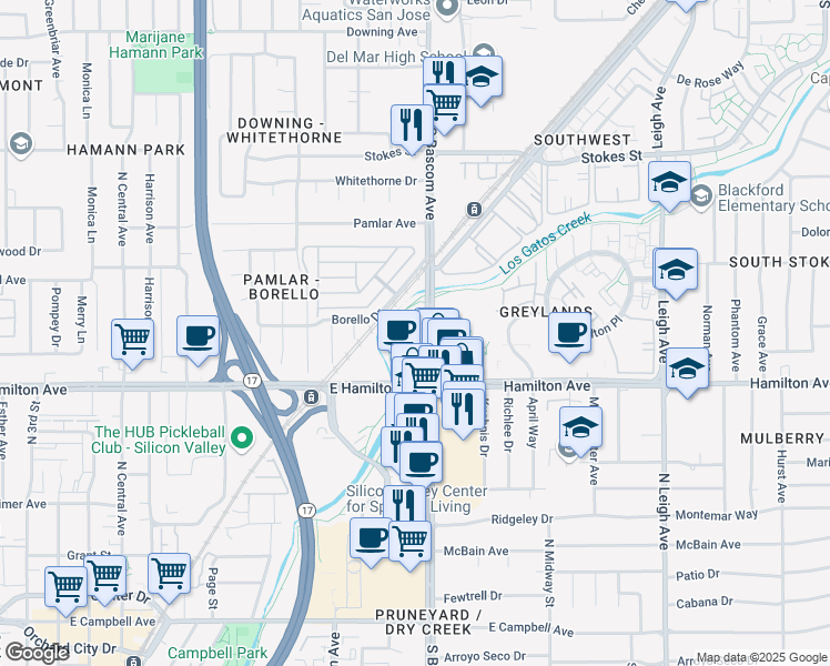map of restaurants, bars, coffee shops, grocery stores, and more near 1475 South Bascom Avenue in Campbell