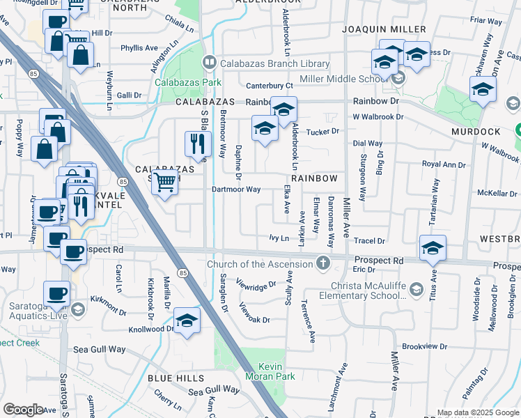 map of restaurants, bars, coffee shops, grocery stores, and more near 1602 Clarkspur Lane in San Jose