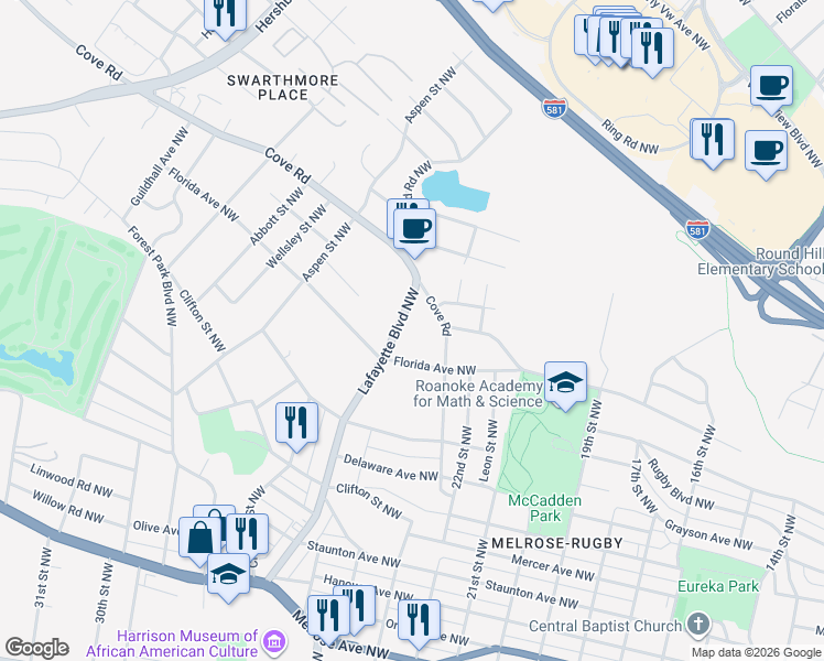 map of restaurants, bars, coffee shops, grocery stores, and more near 1529 Lafayette Boulevard Northwest in Roanoke