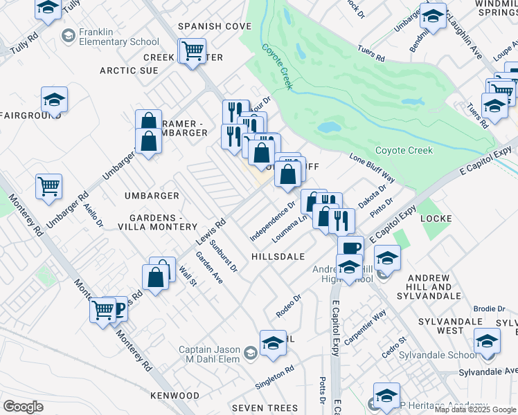 map of restaurants, bars, coffee shops, grocery stores, and more near 475 Pocatello Drive in San Jose