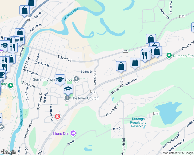 map of restaurants, bars, coffee shops, grocery stores, and more near 2920 Holly Avenue in Durango