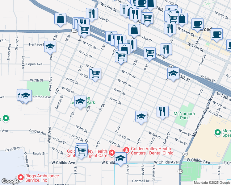 map of restaurants, bars, coffee shops, grocery stores, and more near 1028 West 9th Street in Merced